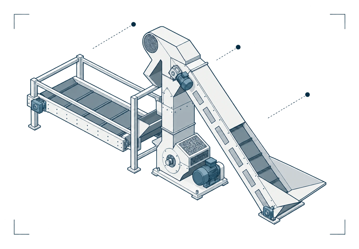 Isometric schematic of a Hanutec processing line with a feed hopper, inclined conveyor, central unit, blower, and horizontal conveyor.